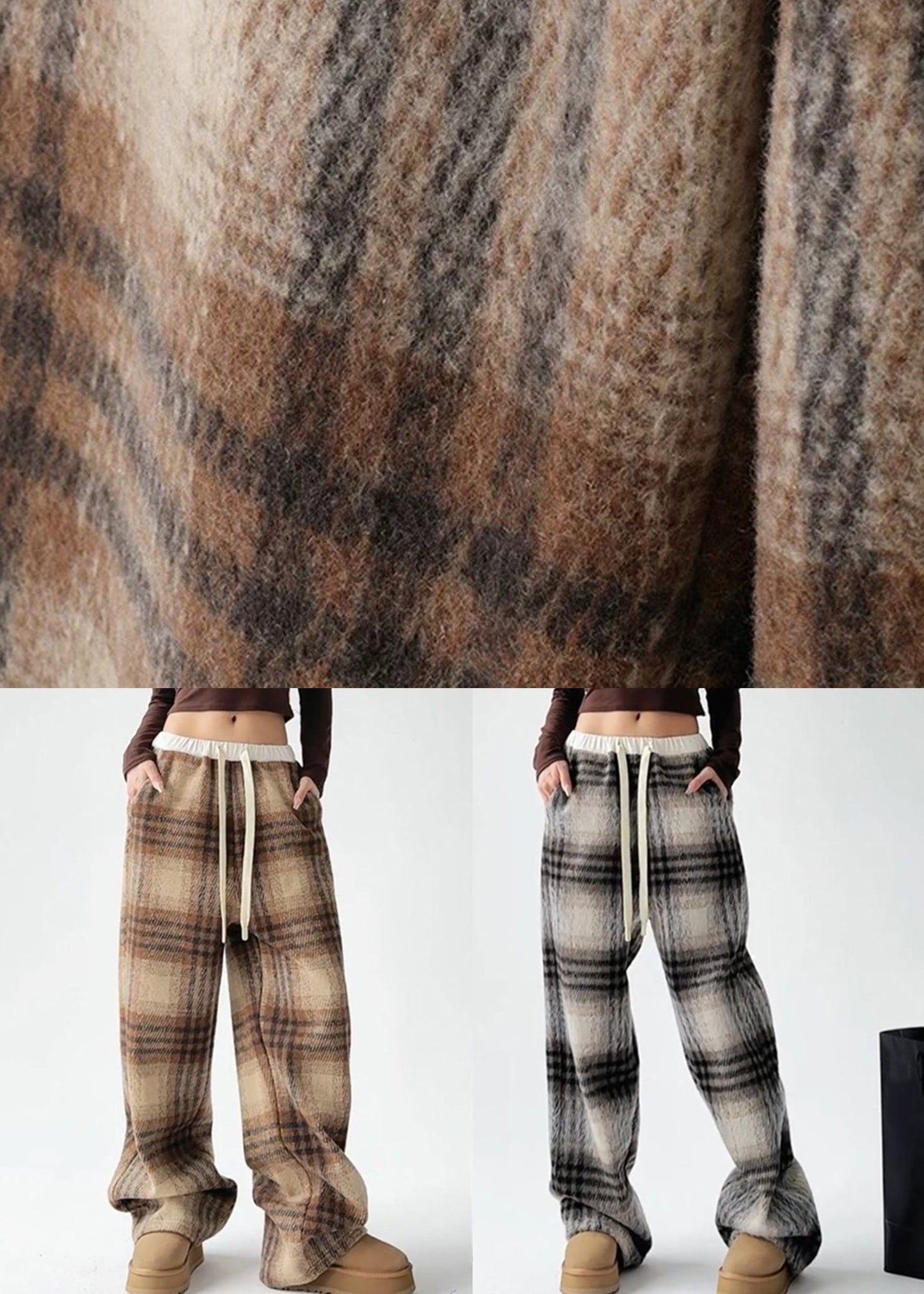 Coffee Patchwork Drawstring Woolen Straight Pants Ta044
