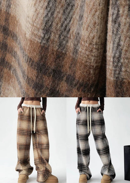Coffee Patchwork Drawstring Woolen Straight Pants Ta044