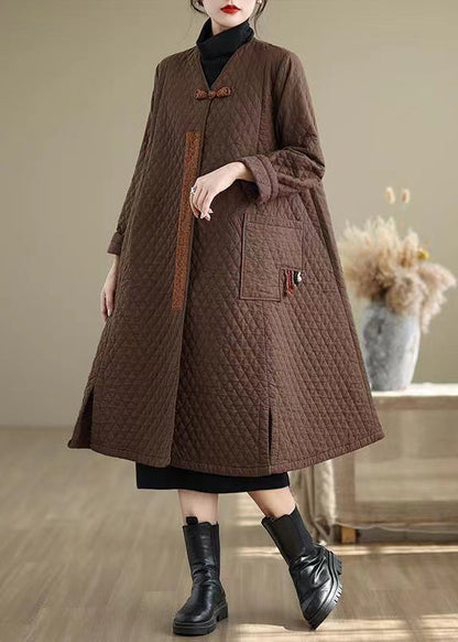Coffee Pockets Fine Cotton Filled Retro Coats V Neck Winter Ru019