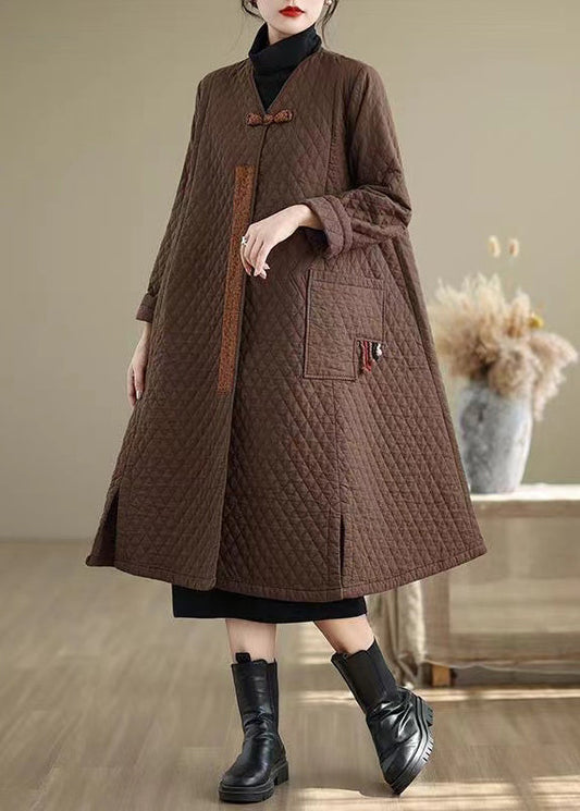 Coffee Pockets Fine Cotton Filled Retro Coats V Neck Winter Ru019
