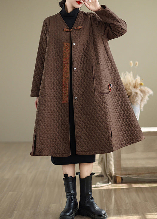 Coffee Pockets Fine Cotton Filled Retro Coats V Neck Winter Ru019