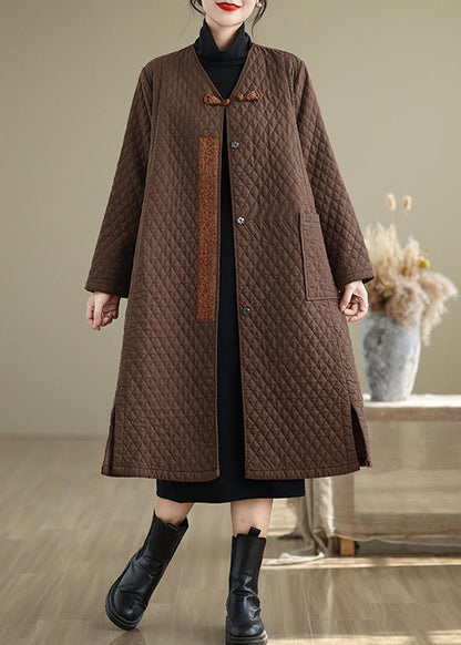 Coffee Pockets Fine Cotton Filled Retro Coats V Neck Winter Ru019