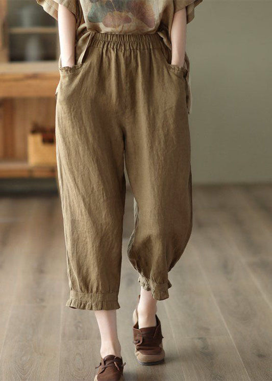 Coffee Pockets Patchwork Linen Crop Pants Cinched Summer Ly0159