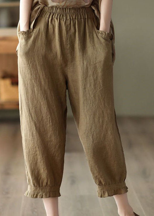 Coffee Pockets Patchwork Linen Crop Pants Cinched Summer Ly0159