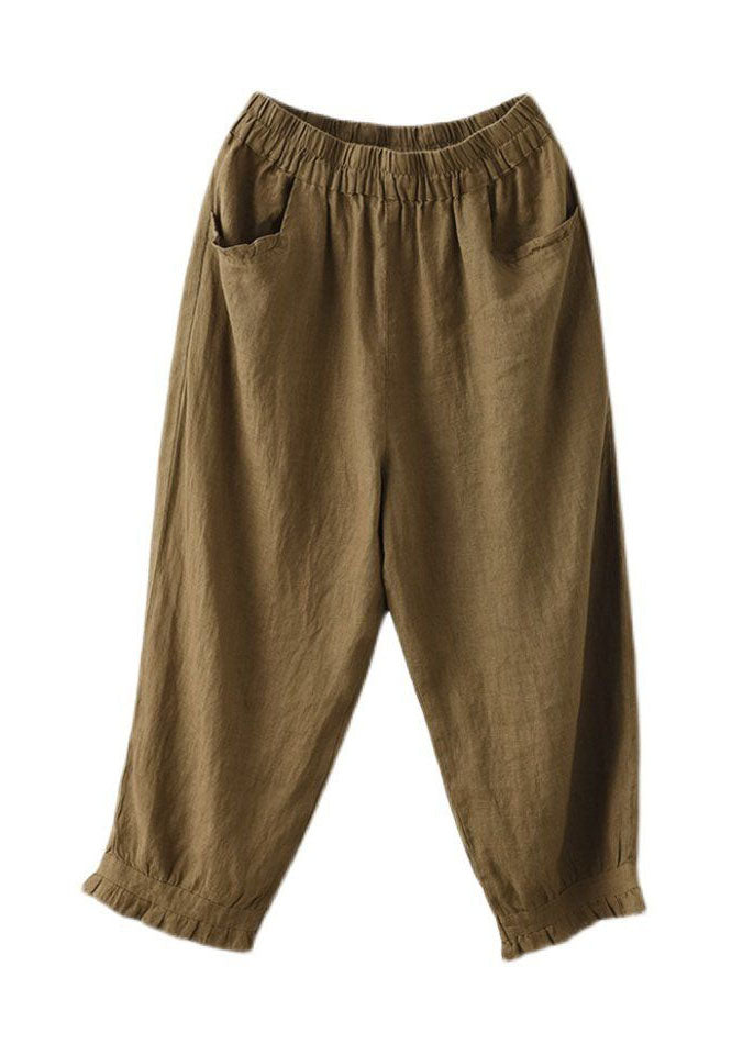 Coffee Pockets Patchwork Linen Crop Pants Cinched Summer Ly0159