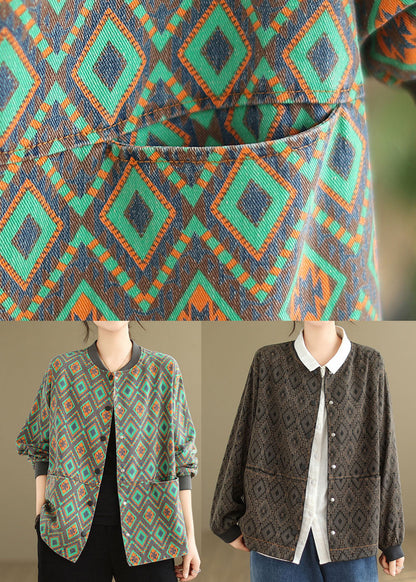 Green O Neck Pockets Print Denim Coat Spring Tj001