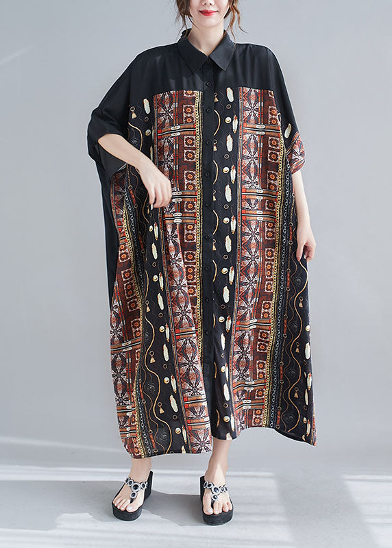 Coffee Print Chiffon Long Dress Peter Pan Collar Summer Ac2050