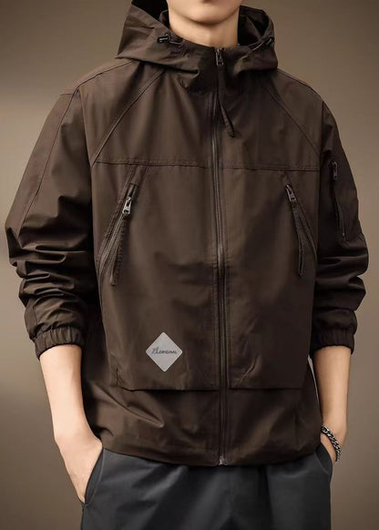 Spring Coffee Cotton Hooded Coats Drawstring Zippered