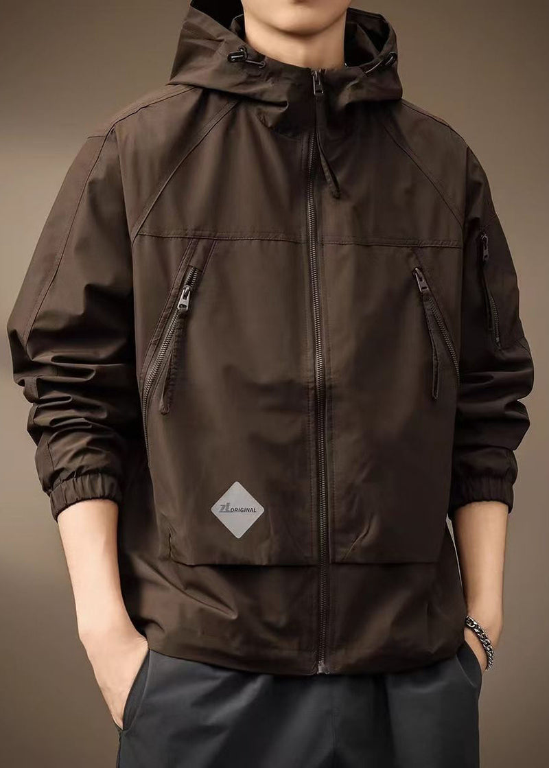 Spring Coffee Cotton Hooded Coats Drawstring Zippered