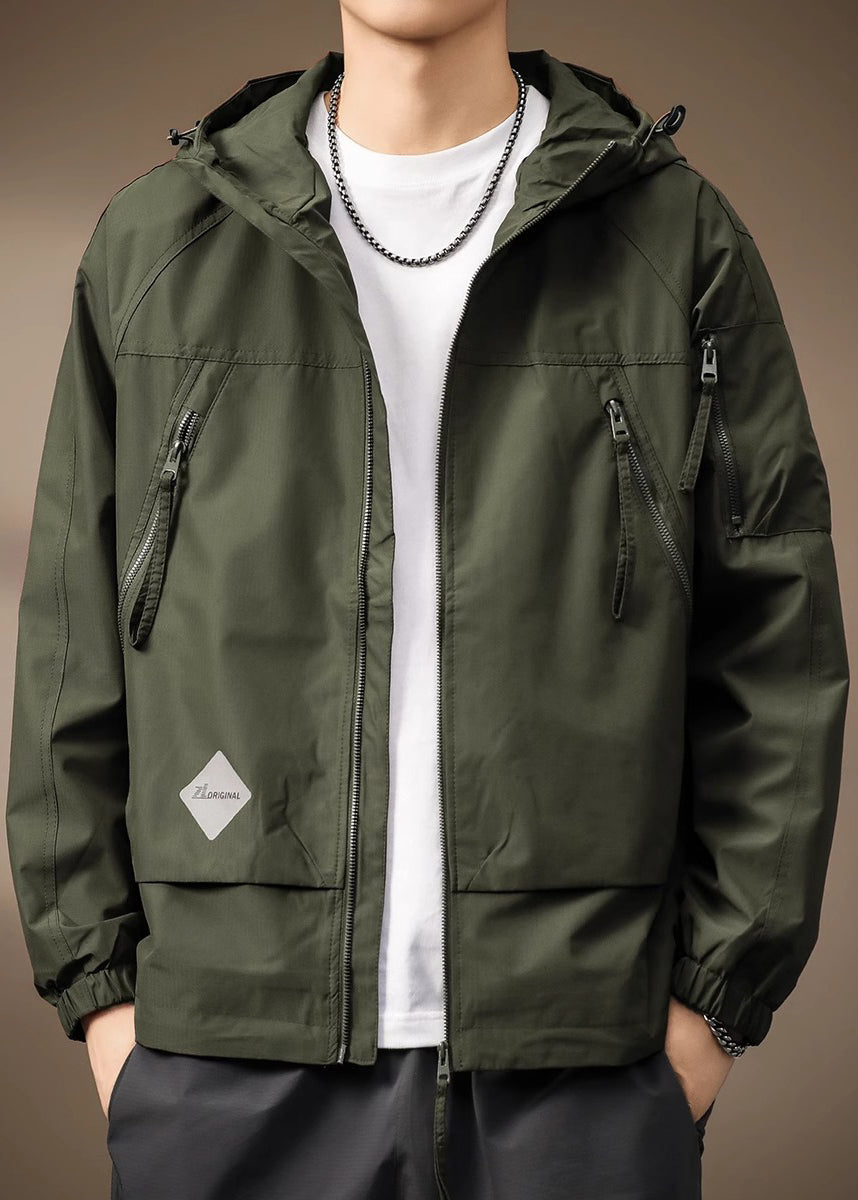Spring Coffee Cotton Hooded Coats Drawstring Zippered