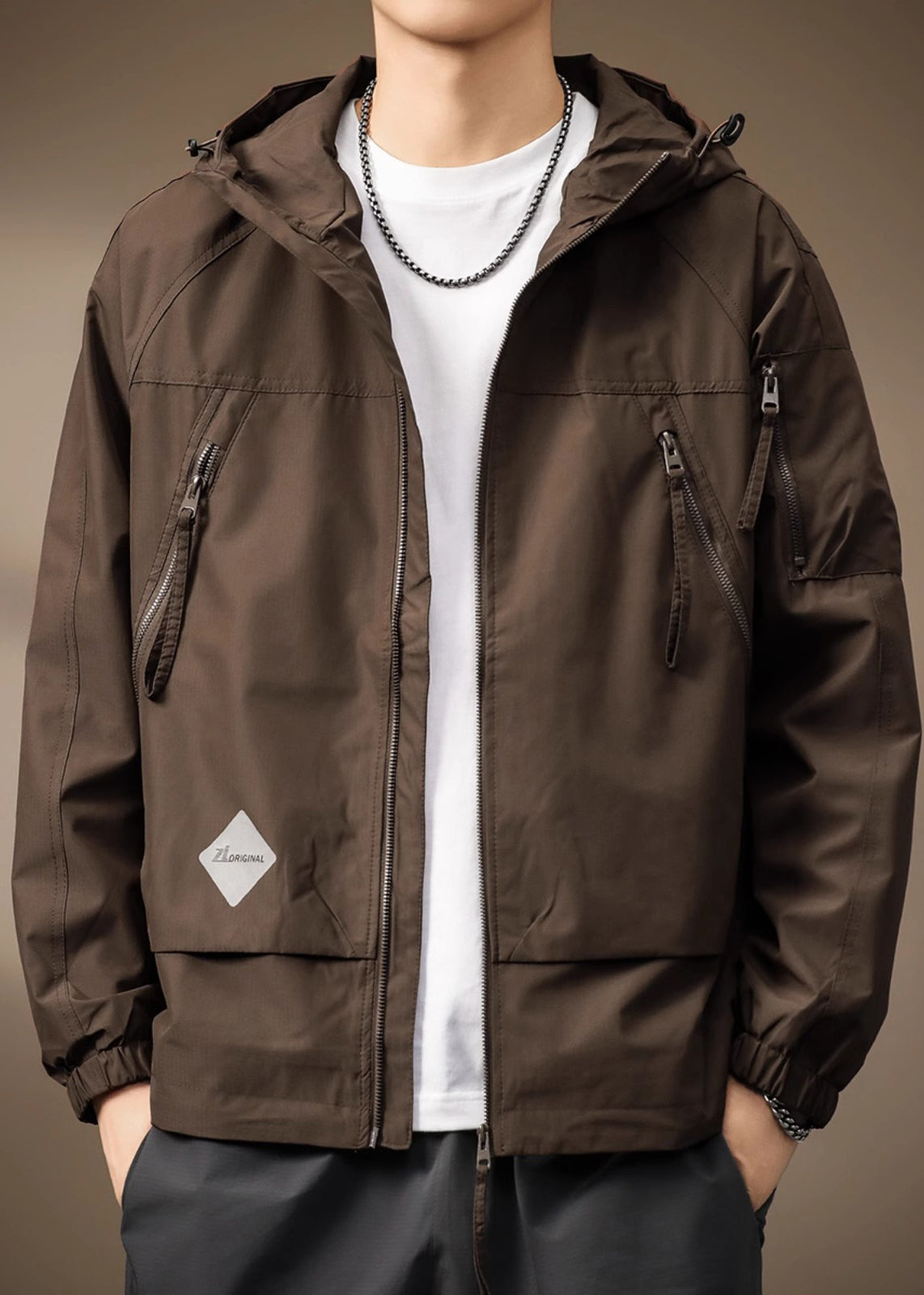 Spring Coffee Cotton Hooded Coats Drawstring Zippered