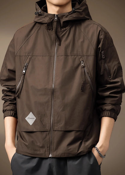 Spring Coffee Cotton Hooded Coats Drawstring Zippered