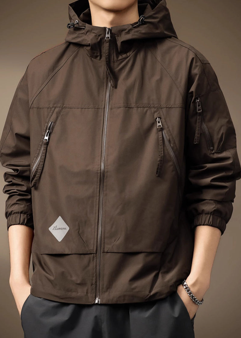 Spring Coffee Cotton Hooded Coats Drawstring Zippered