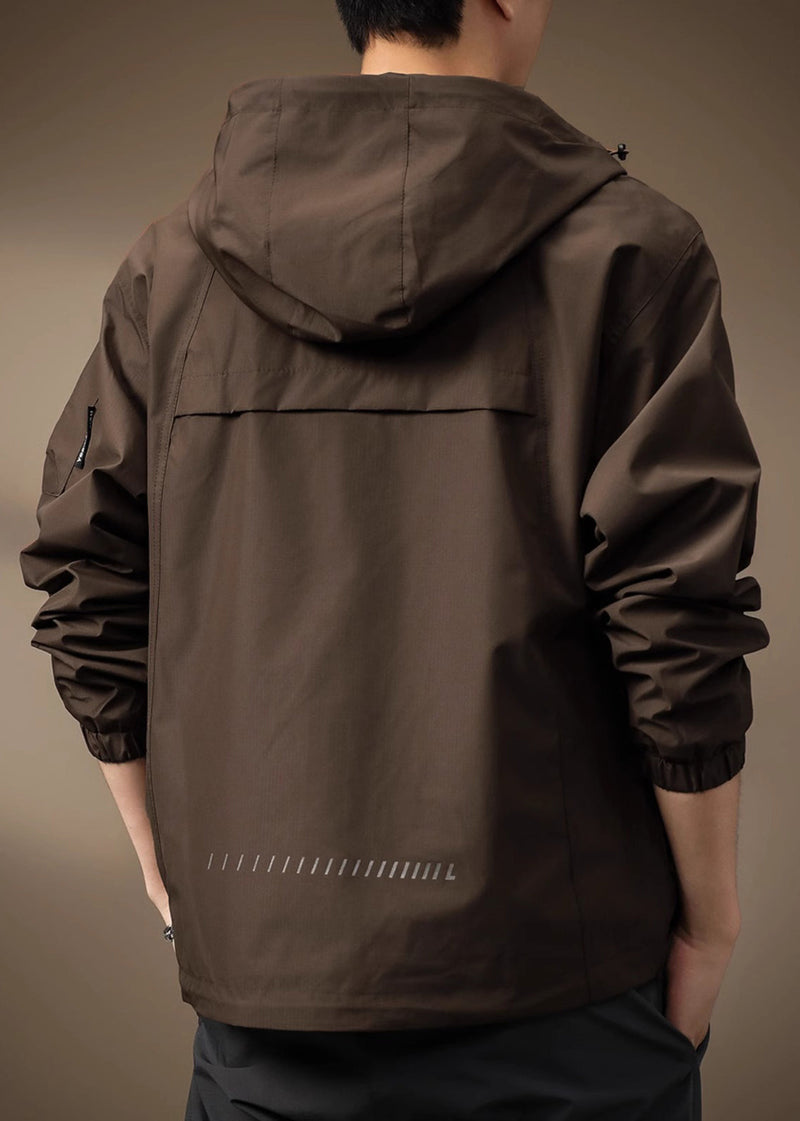 Spring Coffee Cotton Hooded Coats Drawstring Zippered