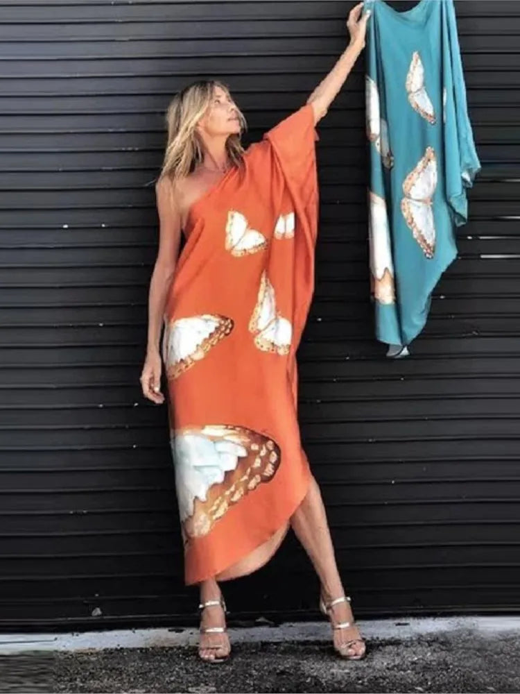 Color Butterfly Print One Shoulder Sleeve Dresses Off Shoulder Loose Beach Vacation Irregular Long Dress