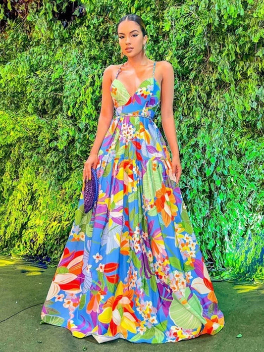 Color Flower Print Spaghetti Strap Evening Dresses Temperament V-neck Backless Beach Vacation Party Long Dress Female