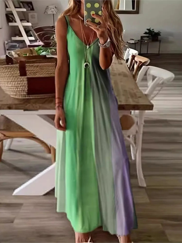 Color Gradient Print Spaghetti Strap Dresses Summer V-neck Beach Vacation Style Long Dress Female A-line Vestidos