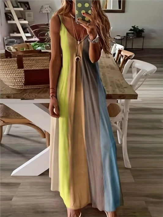 Color Gradient Print Spaghetti Strap Dresses Summer V-neck Beach Vacation Style Long Dress Female A-line Vestidos