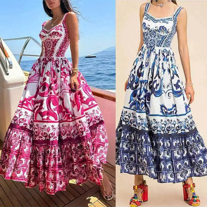 Color Printed Backless Spaghetti Strap Long Dress Sleeveless Vacation Beach Dresses for Female Vestidos