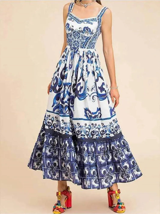 Color Printed Backless Spaghetti Strap Long Dress Sleeveless Vacation Beach Dresses for Female Vestidos