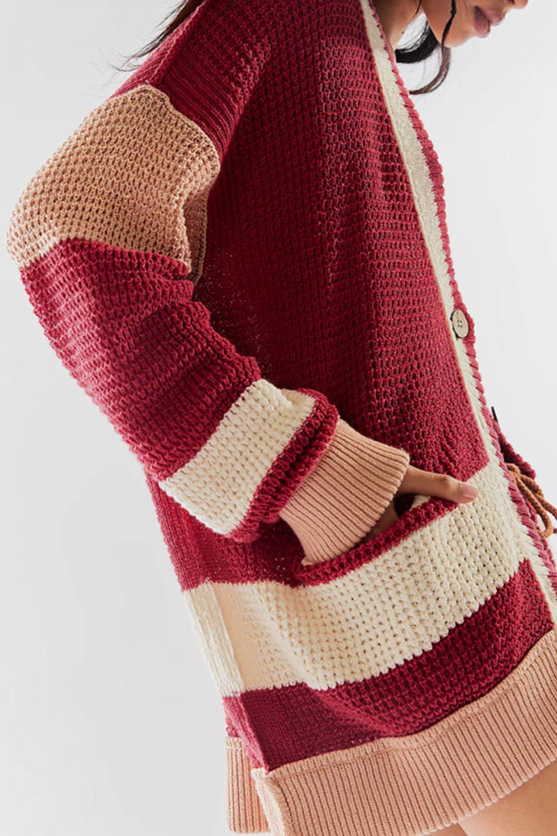 Color Splicing Button-down Cardigan