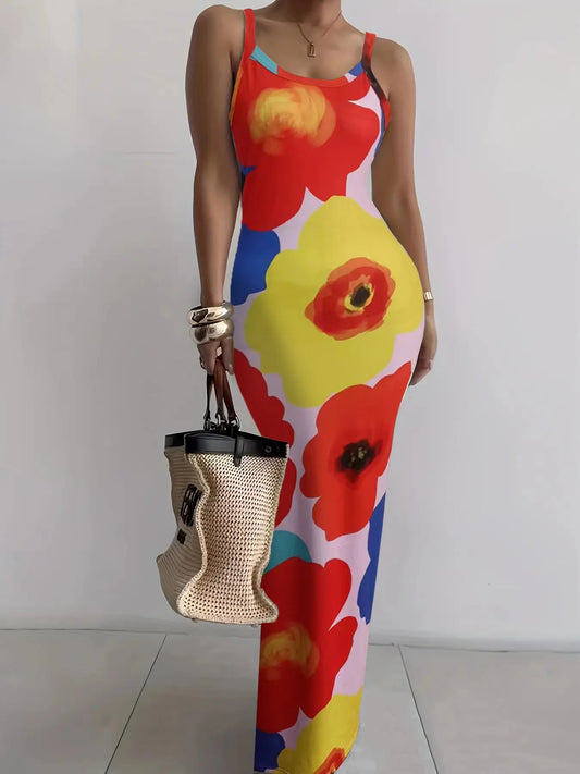 Color Tie Dye Print Spaghetti Strap Long Dresses Package Hip Bodycon Dress Female Club Vestidos