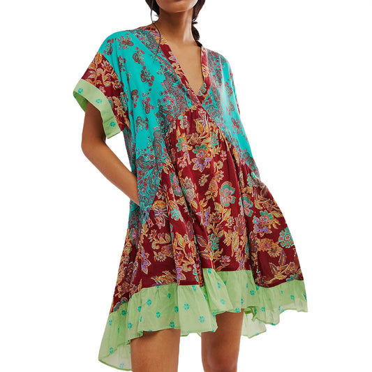 Color Print Mini Dresses Spring Summer New V-neck Short Sleeves Folds Loose Irregular Short Dress Vestidos