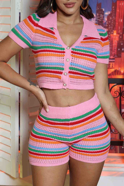 Colorblock Knitted Button Shorts Set