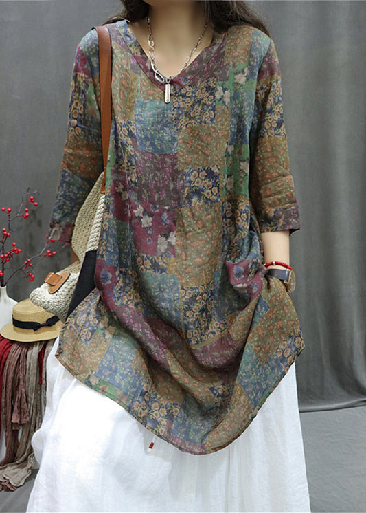 Colorblock Print Side Open Linen Blouse V Neck Summer Gg037