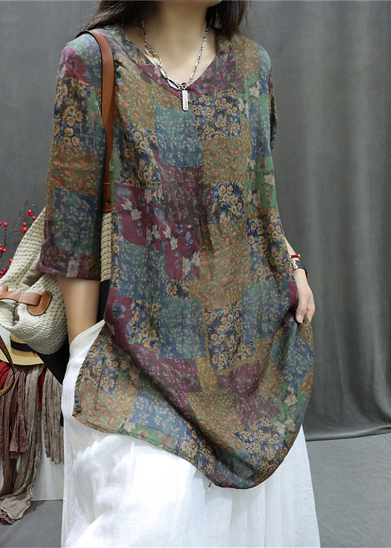 Colorblock Print Side Open Linen Blouse V Neck Summer Gg037