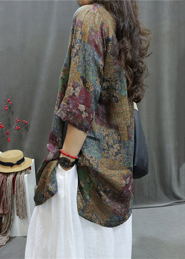 Colorblock Print Side Open Linen Blouse V Neck Summer Gg037