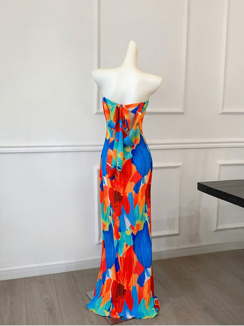 Colorful Strapless Ruched Maxi Dress Summer Statement Piece