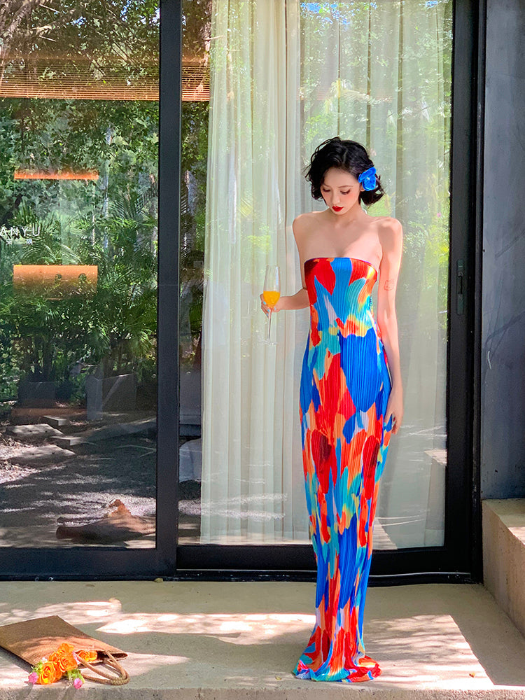 Colorful Strapless Ruched Maxi Dress Summer Statement Piece
