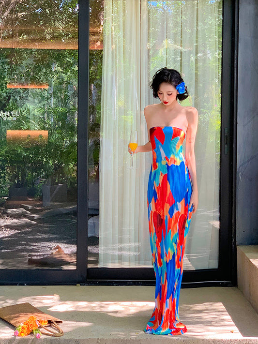 Colorful Strapless Ruched Maxi Dress Summer Statement Piece