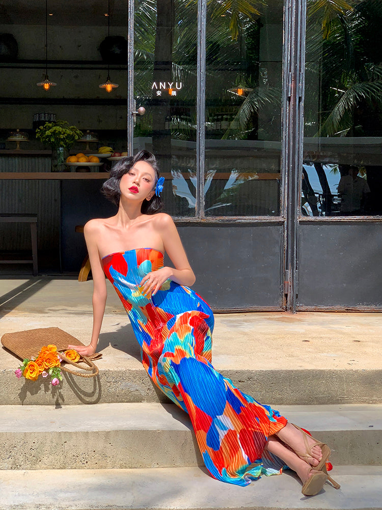 Colorful Strapless Ruched Maxi Dress Summer Statement Piece