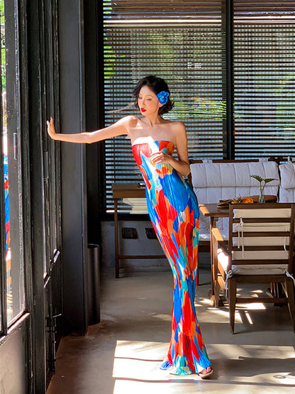 Colorful Strapless Ruched Maxi Dress Summer Statement Piece