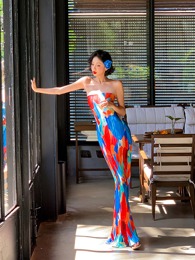Colorful Strapless Ruched Maxi Dress Summer Statement Piece