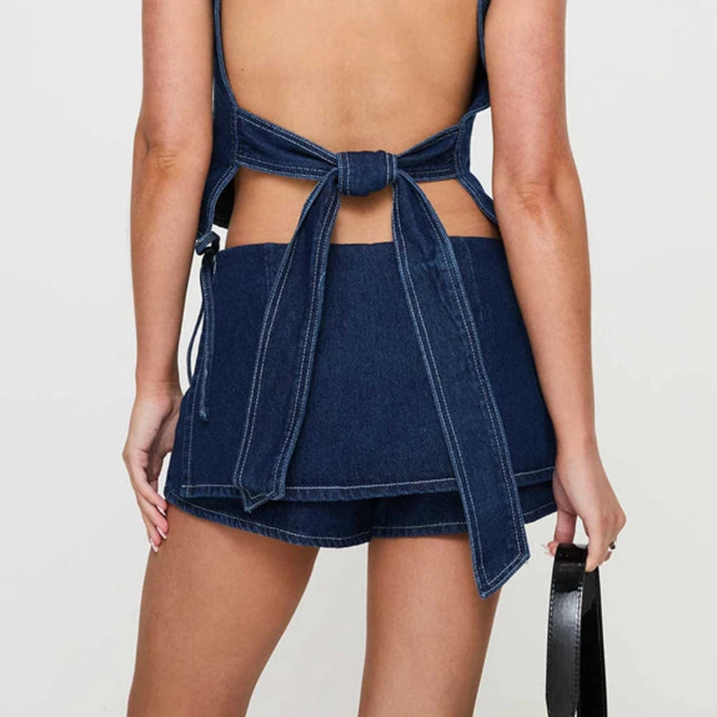 Denim Bow Knot Patchwork Skirt