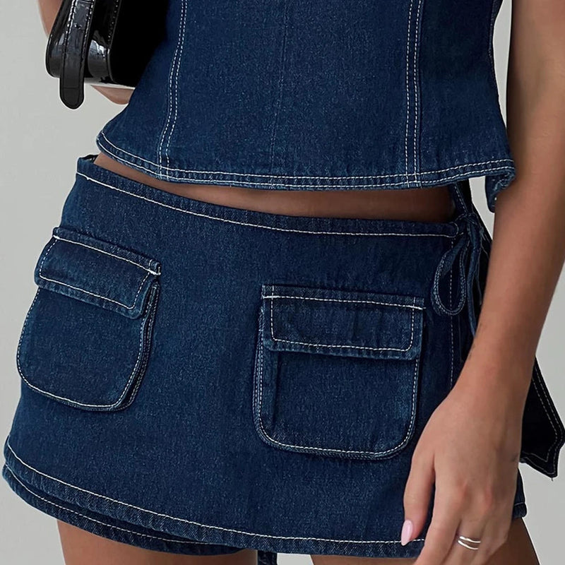 Denim Bow Knot Patchwork Skirt