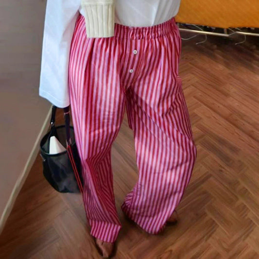 Retro Striped Button High Waist Straight Pant