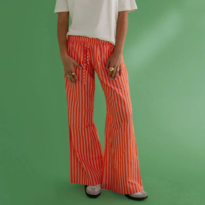 Retro Striped Button High Waist Straight Pant