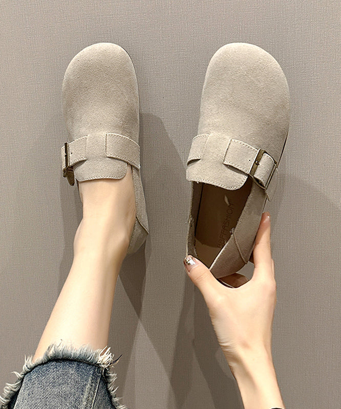 Comfortable Beige Suede Splicing Buckle Strap Flat Shoes Jj011