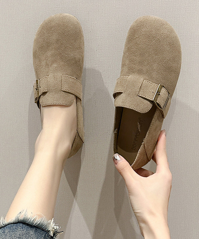 Comfortable Beige Suede Splicing Buckle Strap Flat Shoes Jj011