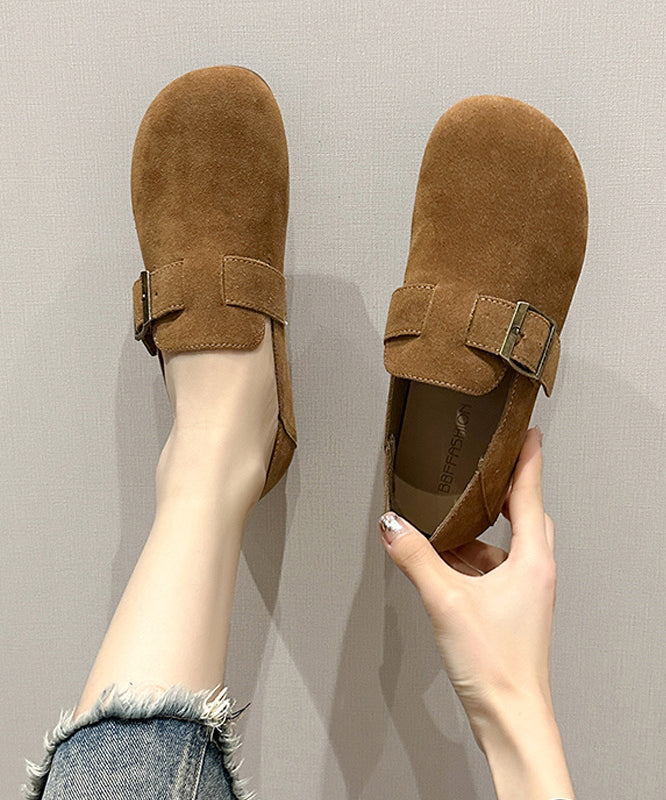 Comfortable Beige Suede Splicing Buckle Strap Flat Shoes Jj011