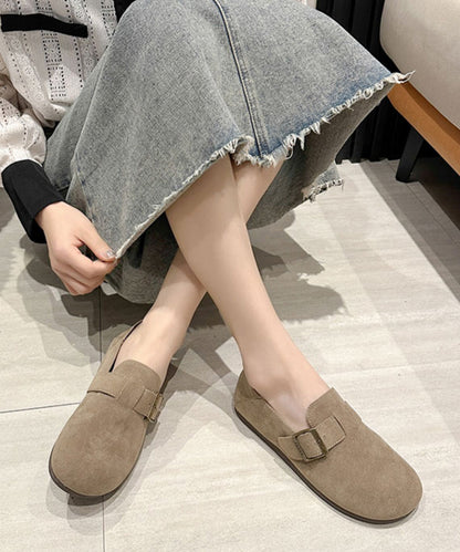 Comfortable Beige Suede Splicing Buckle Strap Flat Shoes Jj011