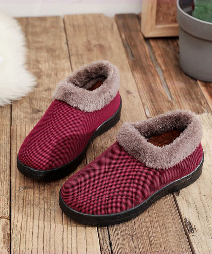 Comfortable Flat Feet Shoes Red Cotton Fabric Fuzzy Wool Lined Tq054