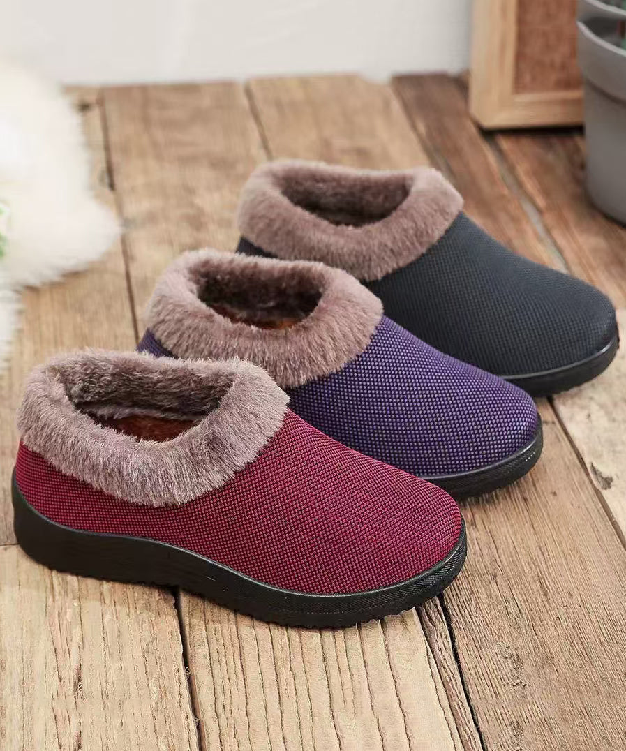 Comfortable Flat Feet Shoes Red Cotton Fabric Fuzzy Wool Lined Tq054