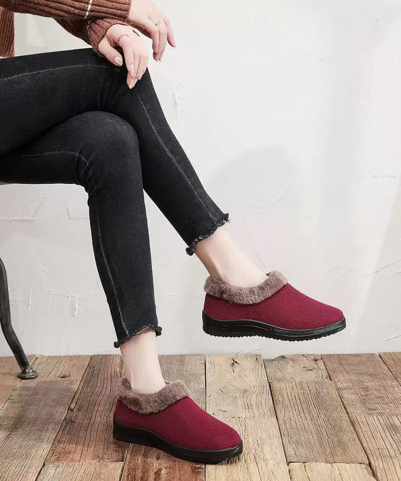 Comfortable Flat Feet Shoes Red Cotton Fabric Fuzzy Wool Lined Tq054