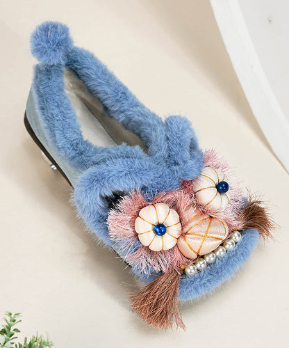 Comfortable Splicing Flat Shoes Green Cotton Fabric Fuzzy Wool Lined Tq040