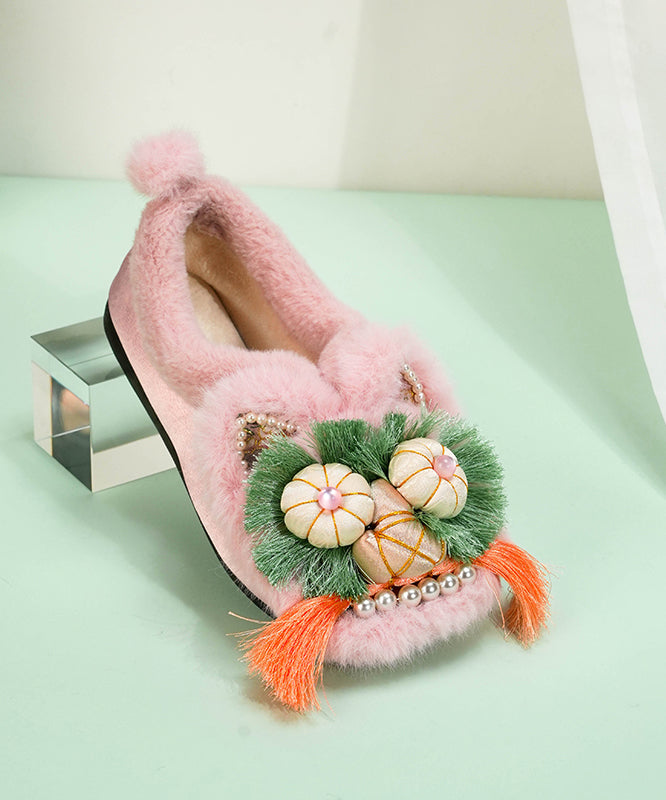 Comfortable Splicing Flat Shoes Green Cotton Fabric Fuzzy Wool Lined Tq040
